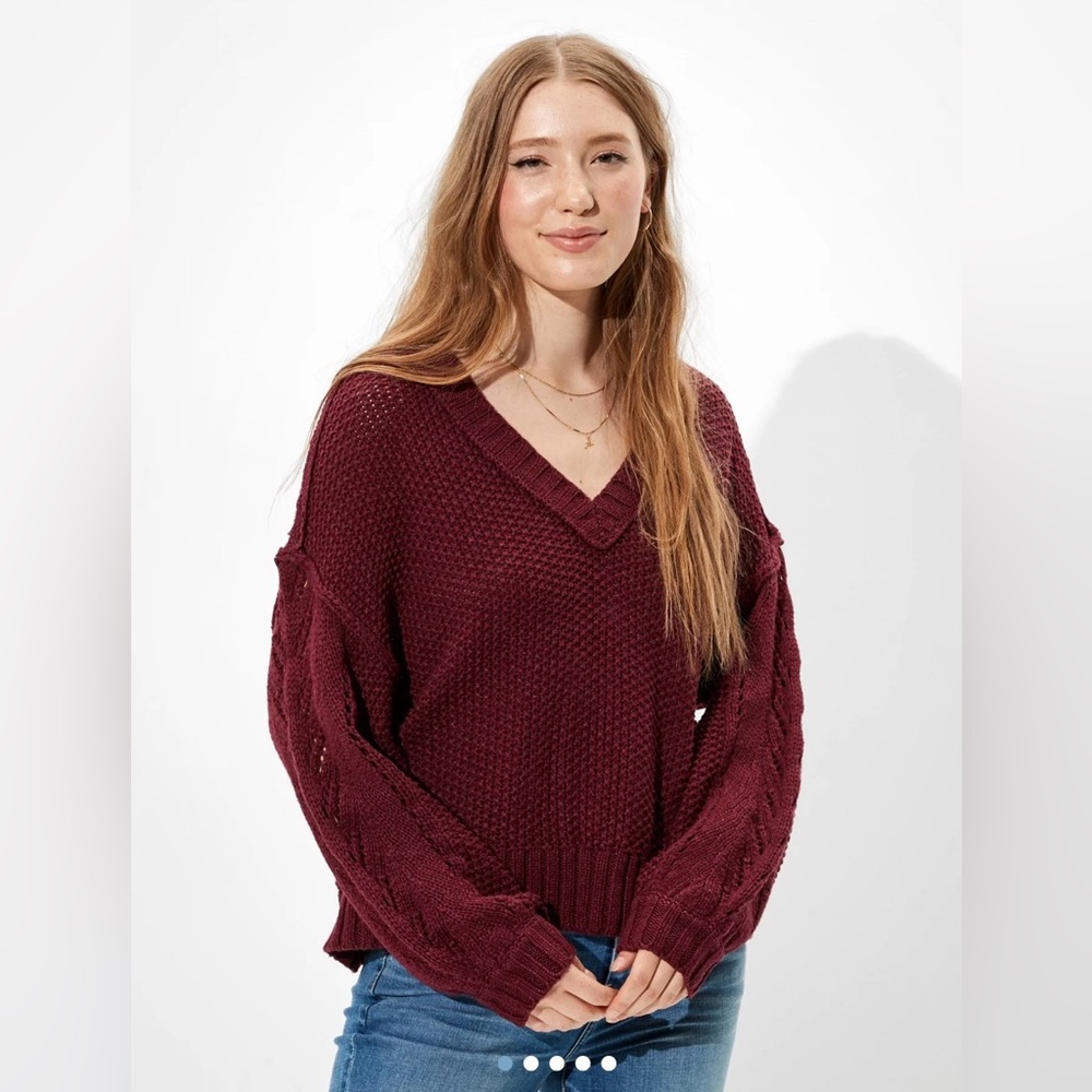 American Eagle Pointelle V-Neck Sweater Oversized XXS